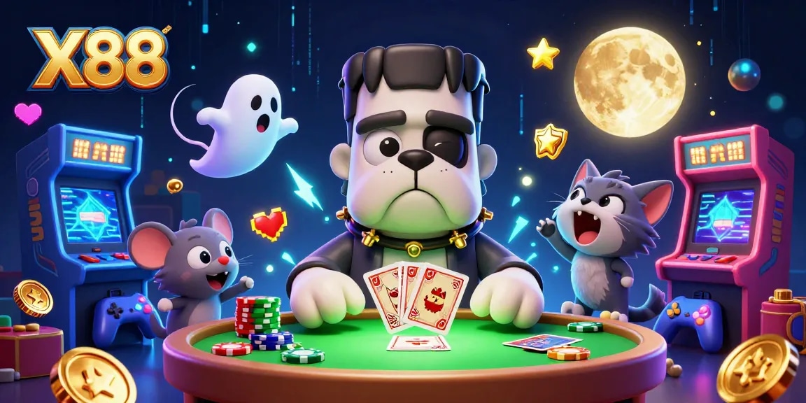 X88 offers thrilling card-dealing excitement with a cartoon bulldog monster and vibrant casino elements.