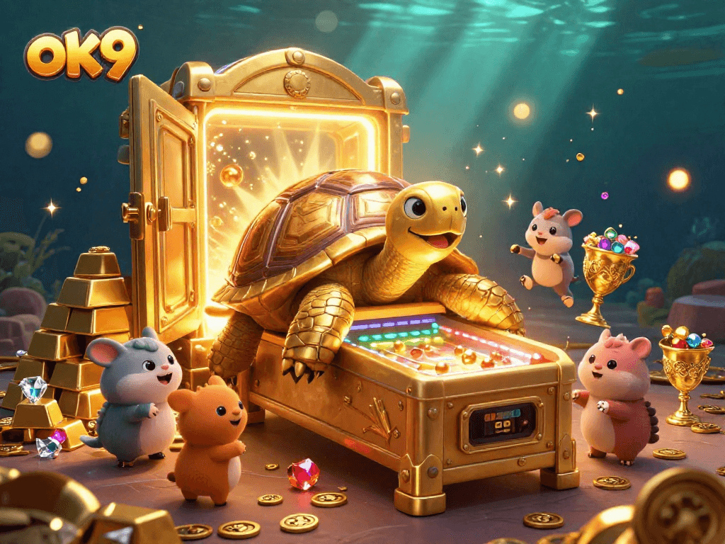 Engage with the vibrant ok9 casino features including golden tortoise pinball and treasure vault lights.