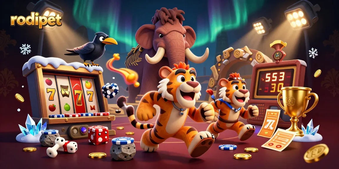 Engage in thrilling gaming action at rodipet with vibrant visuals of a prehistoric casino scene.