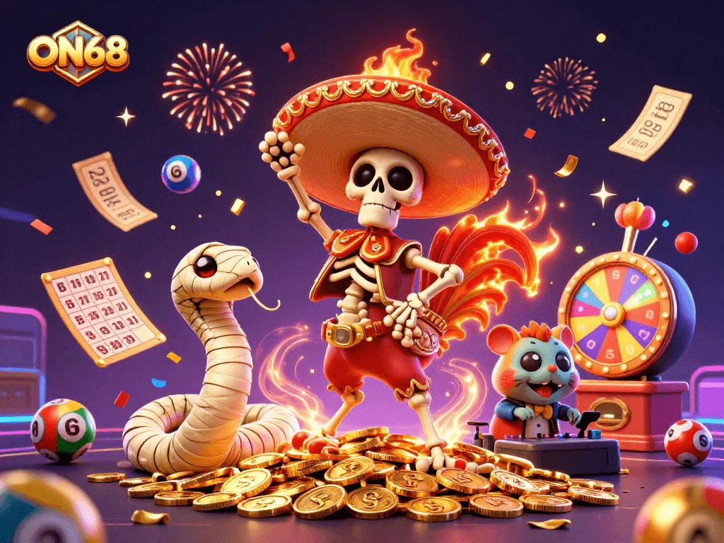 Experience ON68's thrilling lottery game scene with dynamic characters and festive elements.