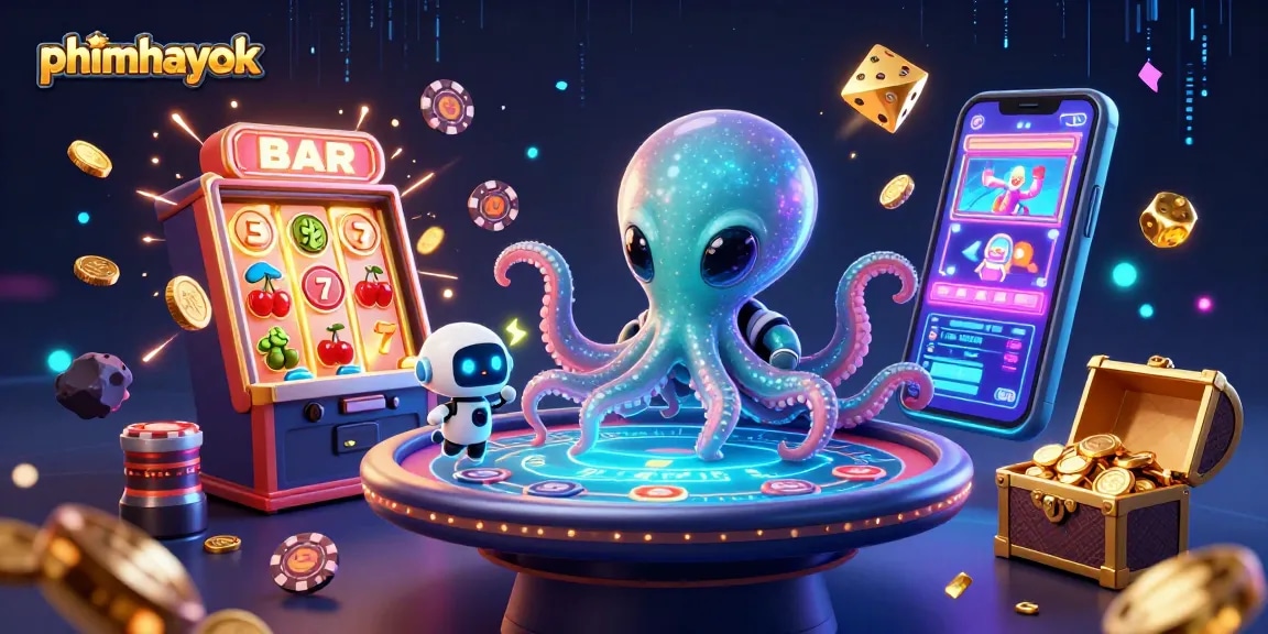 Play exciting games with phimhayok’s vibrant alien octopus and holographic poker table illustration.
