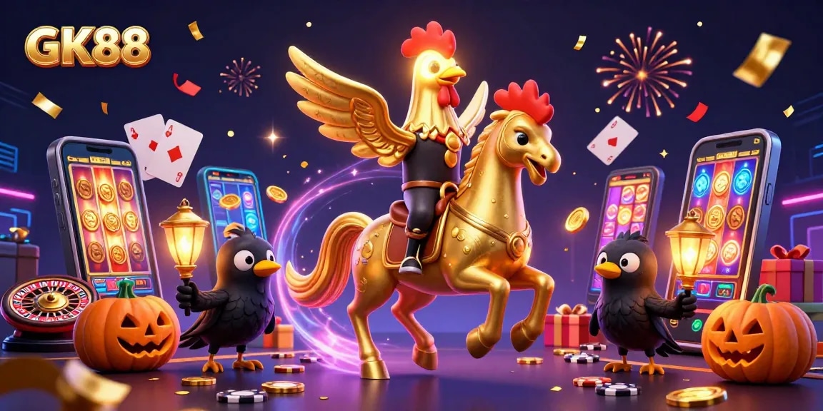 Experience thrilling gaming at GK88 with a vibrant casino scene featuring golden rooster characters.