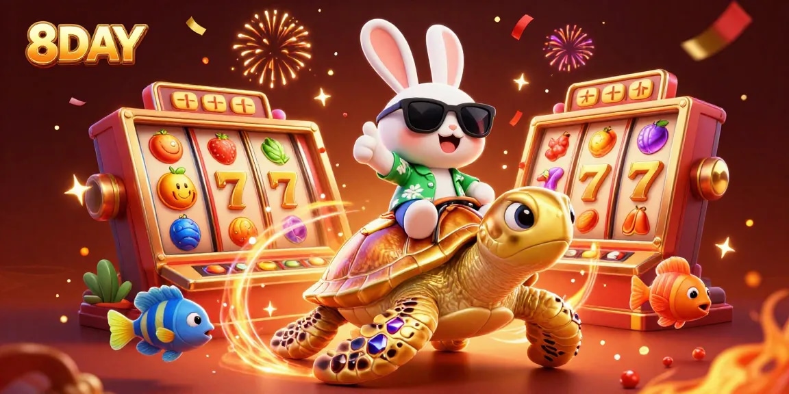 Experience thrilling gameplay with 8DAY, featuring a lucky rabbit and giant turtle in this vibrant casino scene.