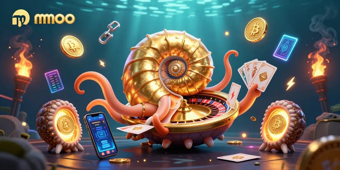 Bet on exciting games with mmoo in a vibrant 3D casino illustration filled with crypto elements.