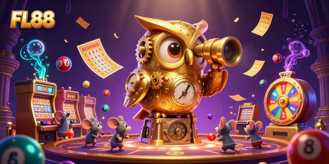 Engage in exciting gaming at FL88 with dynamic illustrations of vibrant lottery elements and a golden owl