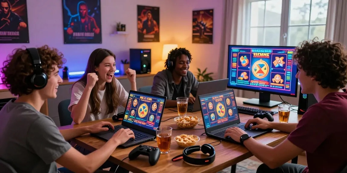 Friends enjoying online gaming with depo pulsa 10k tanpa potongan at home