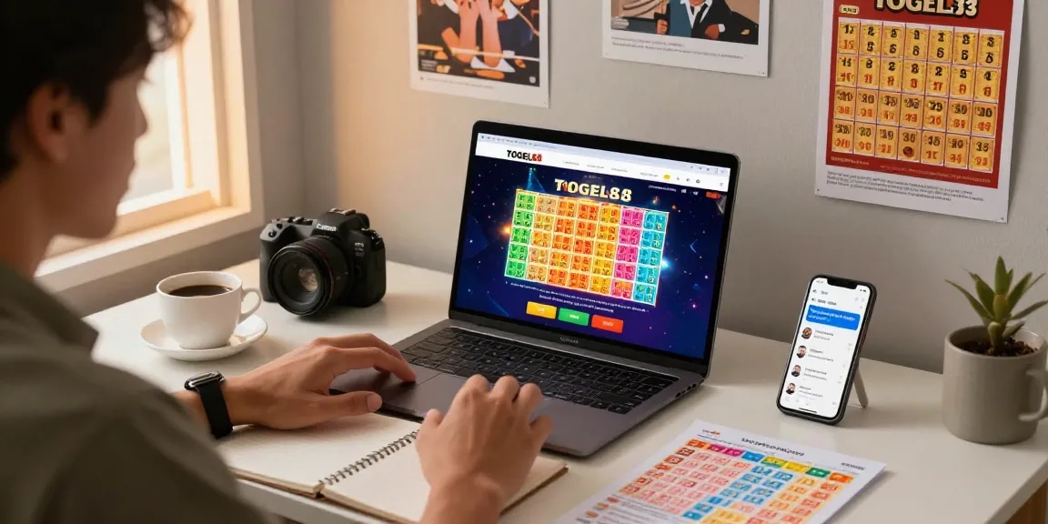 Player engaged in online togel gaming, focusing on Pasaran Togel Terlengkap with lottery tickets and vibrant atmosphere.