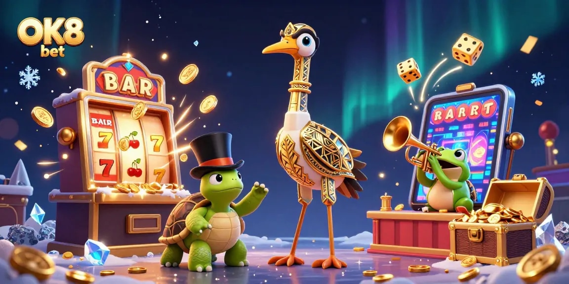 Experience the thrill of OK8 bet with vibrant casino elements and engaging characters in this dynamic 3D illustration.