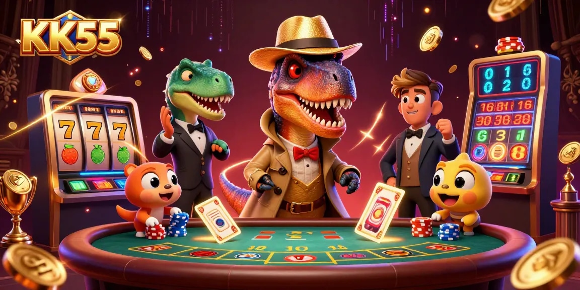 KK55 velociraptor card counter at blackjack table with slot reels and gold coins, dynamic casino scene