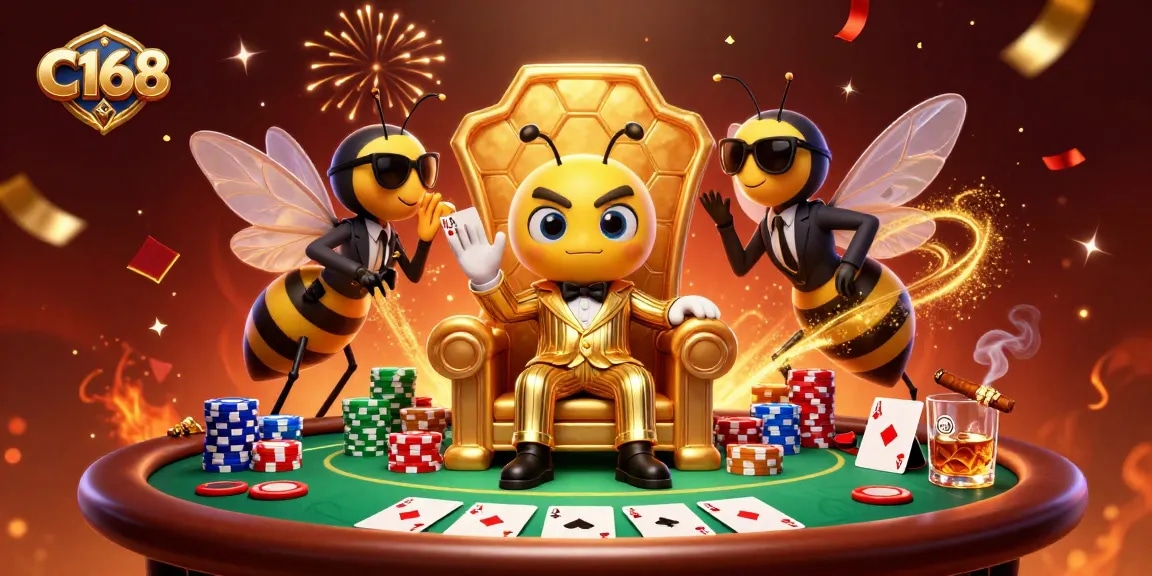 Experience the thrill of C168 with a bumblebee mob boss in a vibrant gaming scene filled with poker elements.