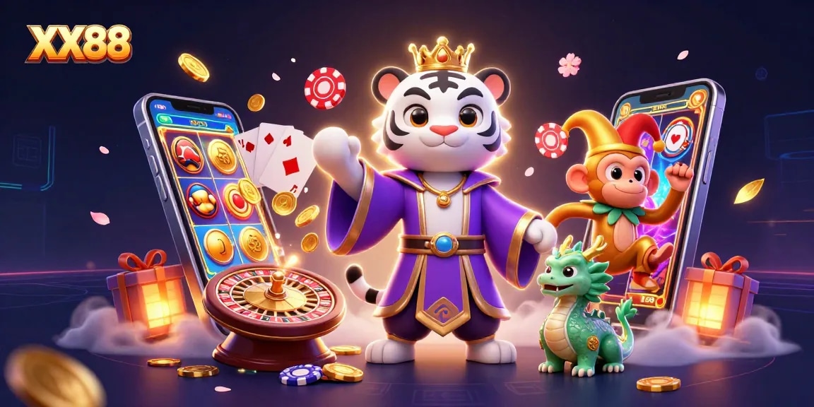 Engage with the excitement of XX88 as a majestic white tiger and playful monkey celebrate gaming wins.
