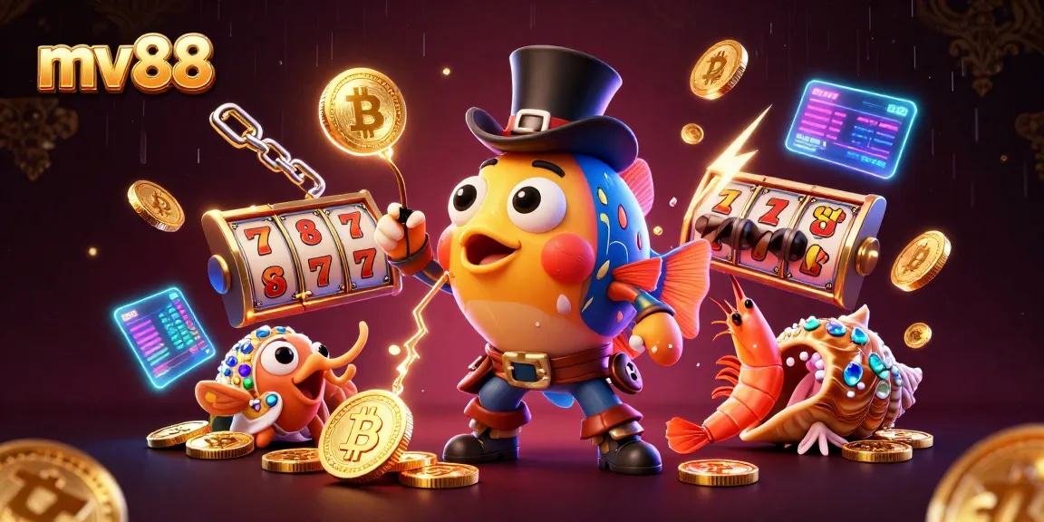 Experience thrilling wins at mv88, featuring cartoon characters engaging with slot machine elements and crypto coins.