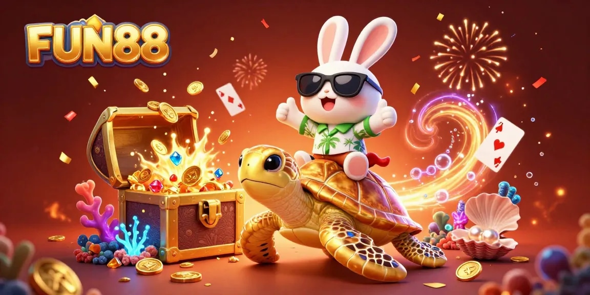 Engage with FUN88's thrilling underwater casino world featuring a lucky rabbit, golden turtle, and treasure!