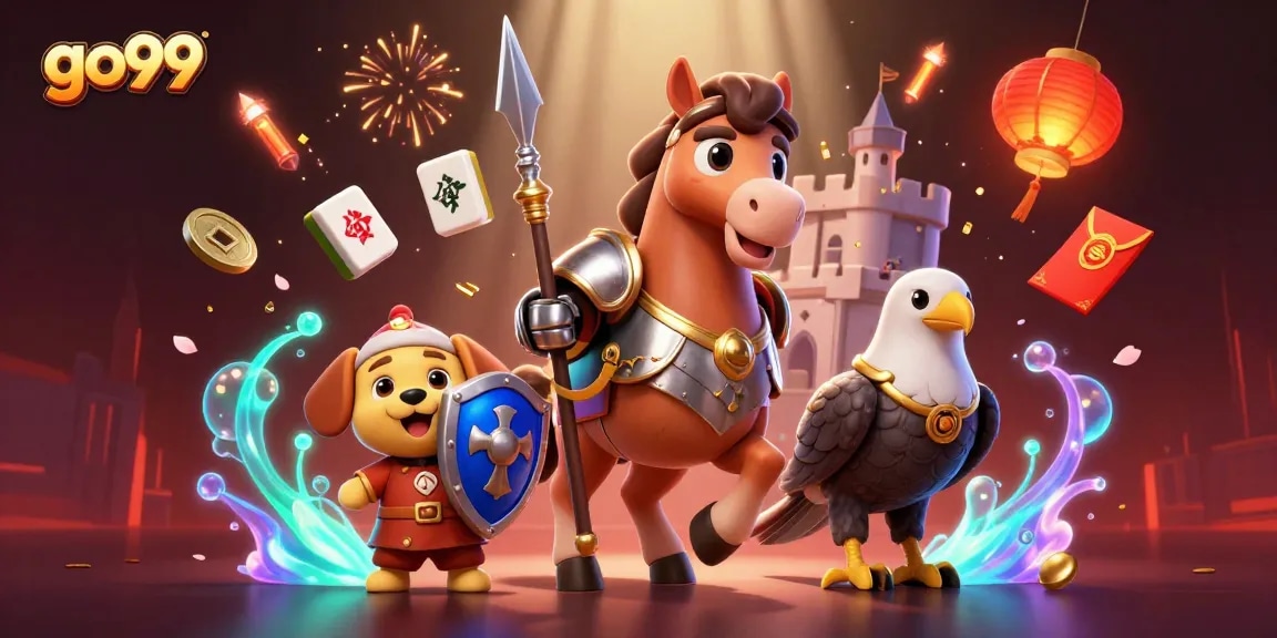 Engage with go99's thrilling gaming experience illustrated by a knight, puppy, and falcon.