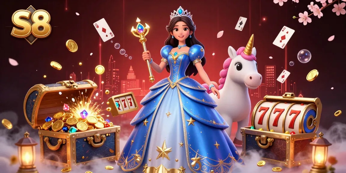 S8 showcases a vibrant 3D casino illustration where a woman in a regal gown and a unicorn celebrate jackpot wins amid magical decor.