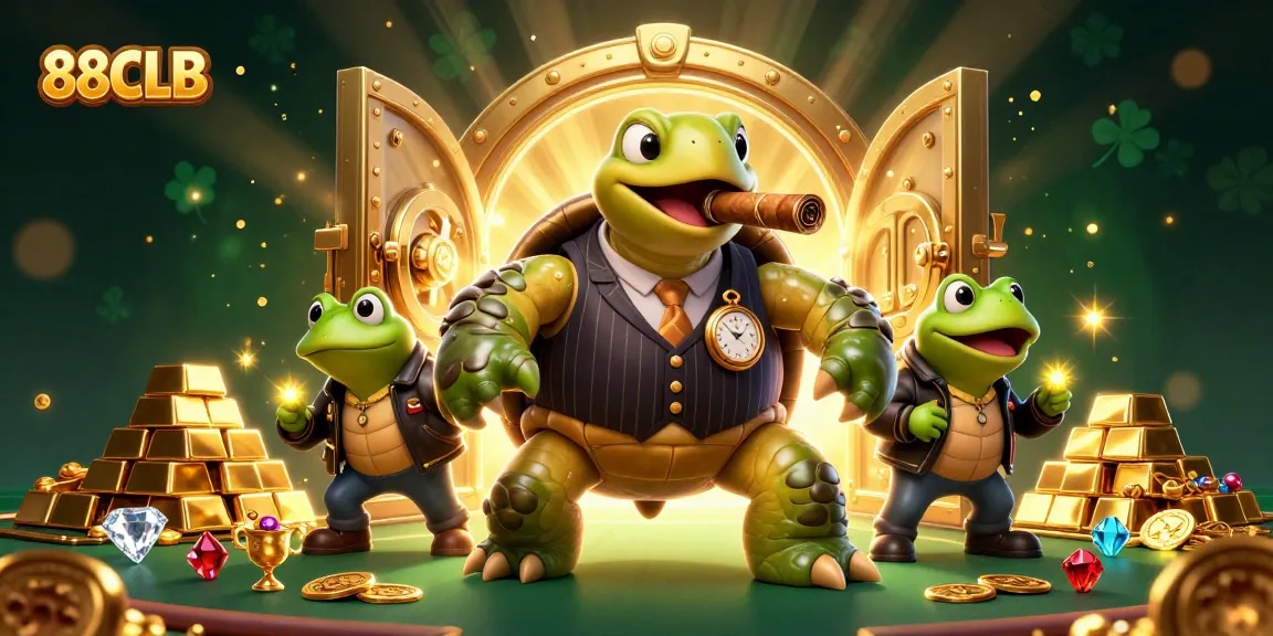 88CLB's dynamic casino scene featuring a snapping turtle and bullfrogs amidst treasures and vibrant lights.