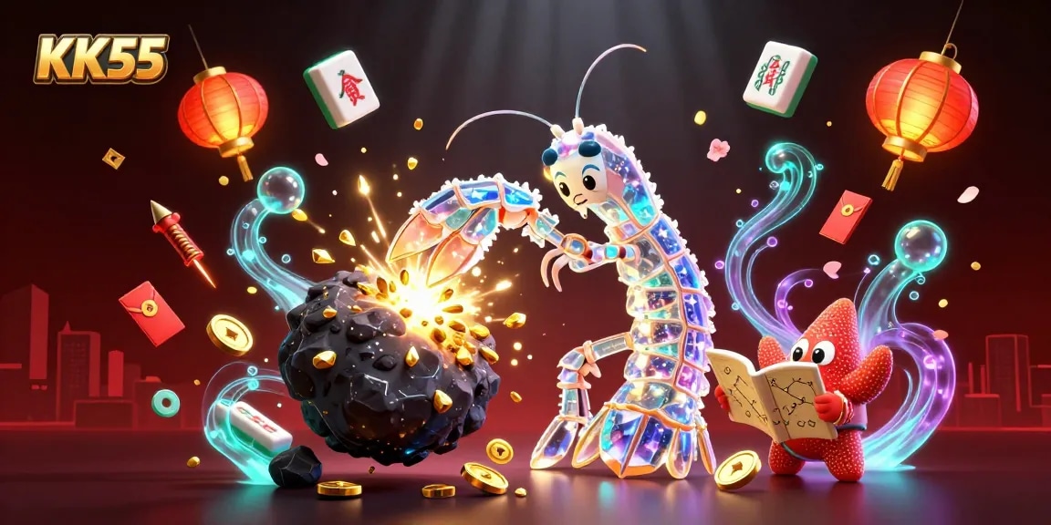 Experience KK55's galactic adventure with vibrant illustrations of a mantis shrimp and treasures in a casino-themed setting.