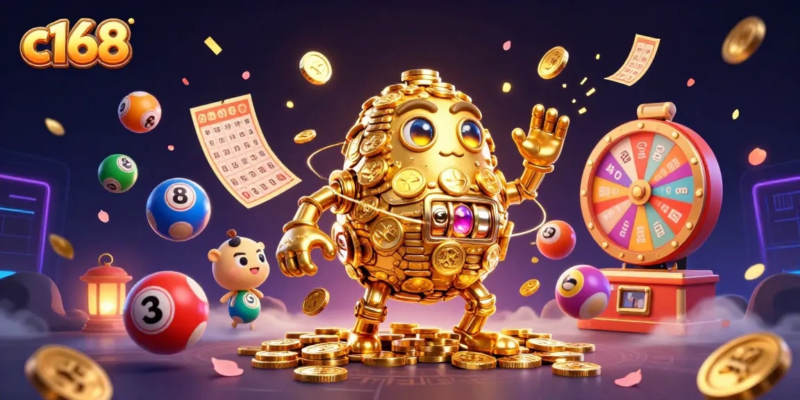 Experience casino thrills with c168's vibrant golden golem amid exciting lottery elements.