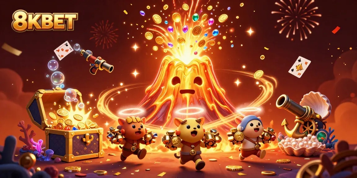 Engage with 8KBET's thrilling casino scene of a golden volcano erupting coins and gems.