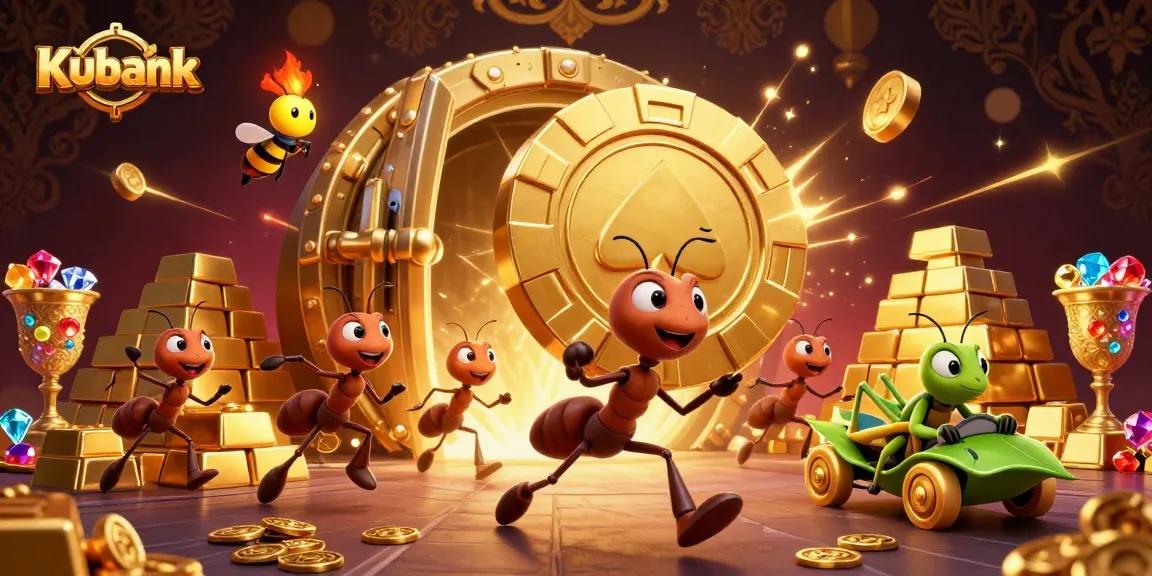 Kubank-themed illustration with ants carrying a giant poker chip amidst casino treasures and vibrant nightlife.