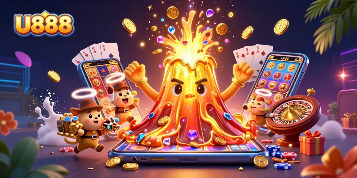 Experience thrilling gameplay with U888, a vibrant online casino illustration featuring an erupting volcano of treasure.