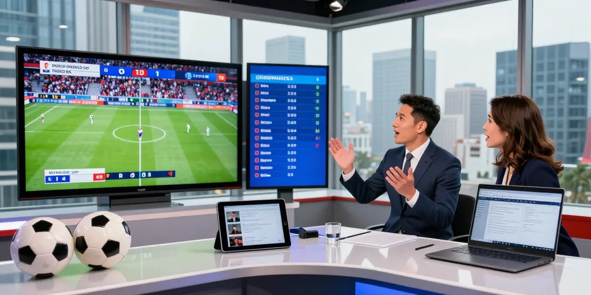 Bongdata football analyst in modern studio discussing World Cup scores and live betting odds