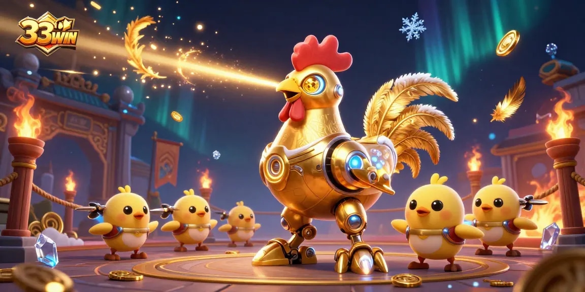 Experience winning excitement with 33WIN's golden rooster and chick drones in an action-packed 3D casino scene.