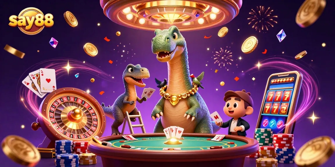 Experience the thrill of say88 casino games with a vibrant 3D scene of dinosaurs and action.