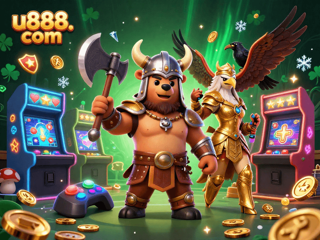 Experience the excitement of gaming with u888. com featuring a Viking bear and Valkyrie eagle in a colorful casino scene.