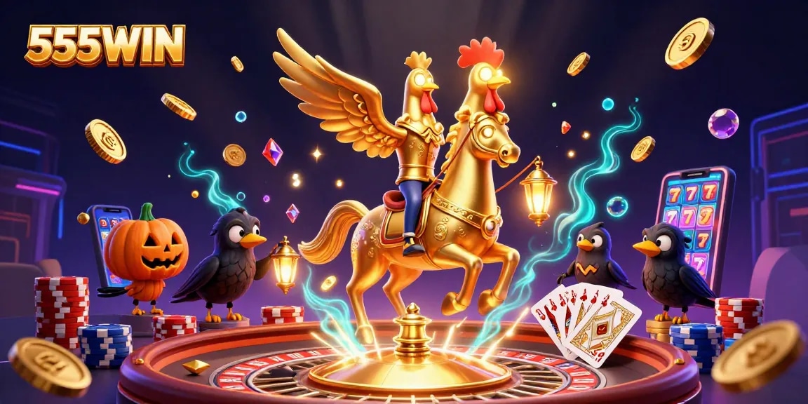 Play exciting games at 555WIN with golden rooster and casino treasures in a vibrant scene.
