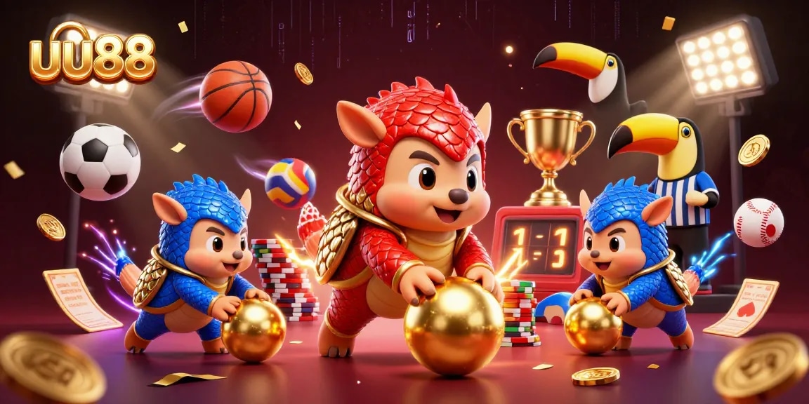 Experience dynamic gaming action at uu88 with competitive pangolins among poker chips and sports balls.