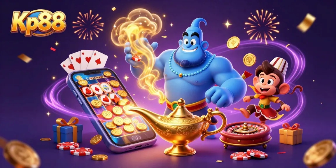 Kp88 ignites thrilling excitement in a lively casino scene featuring a genie and playful monkey.