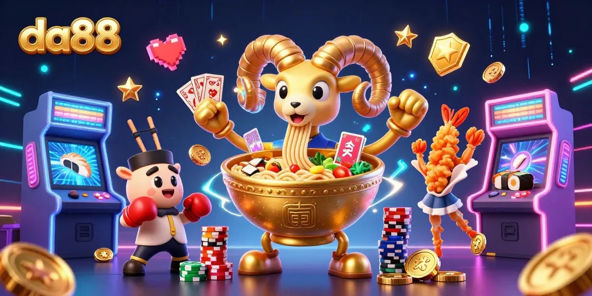 Join the gaming fun at da88 with vibrant casino characters and arcade elements in an exciting digital illustration.