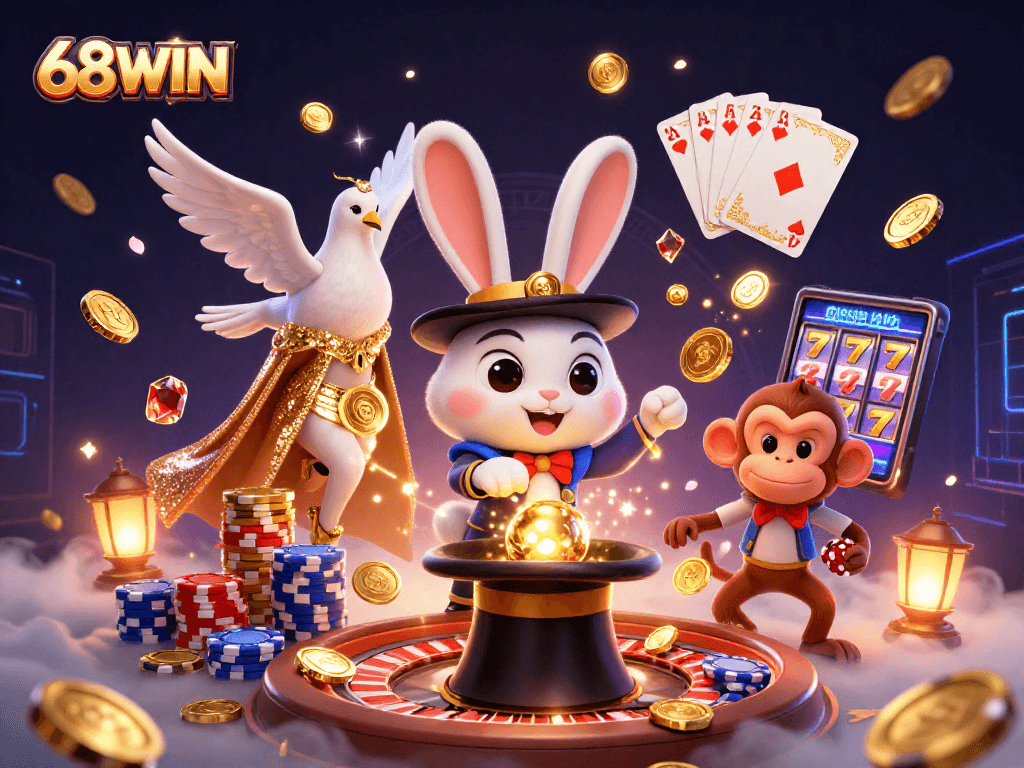 Experience the magic of 68WIN with a cartoon magician pulling coins and exciting casino elements