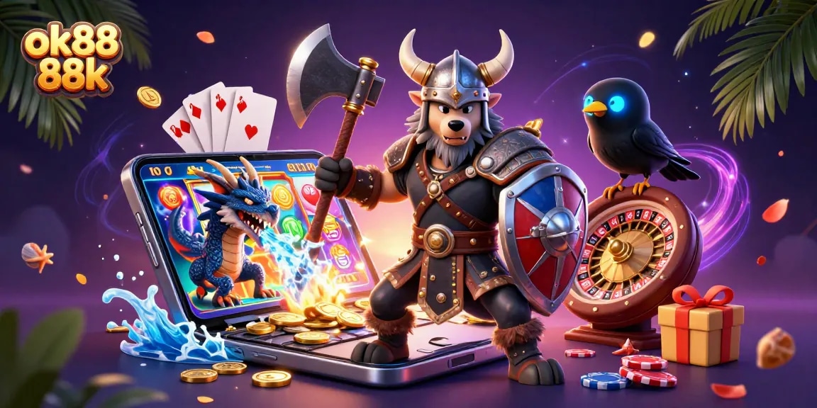 Spin and win with ok88 88k in a vibrant 3D casino scene showcasing thrilling elements and characters.