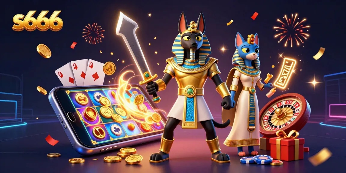 Win big with s666 in this vibrant 3D casino scene featuring Anubis and Bastet.