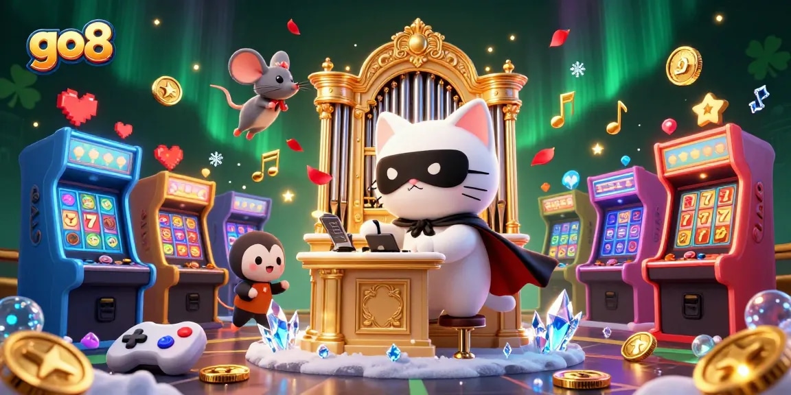 Experience excitement with go8's vibrant casino scene featuring a masked cat and arcade machines.