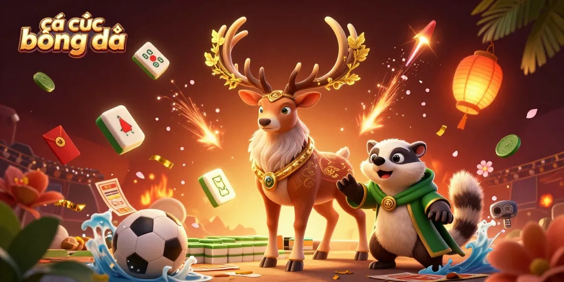 Cá cược bóng đá scene featuring a druid stag, wise badger, and spirited lights in a dynamic sports betting atmosphere.