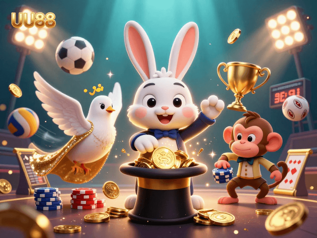 UU88 captures excitement as a magician rabbit pulls coins and a monkey feasts on poker chips in this vibrant illustration.