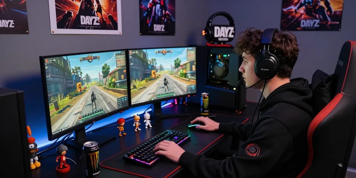 Immersive gaming setup showcasing PROOFCORE.IO cheats for DayZ, highlighting a gamer intensely focused on gameplay.