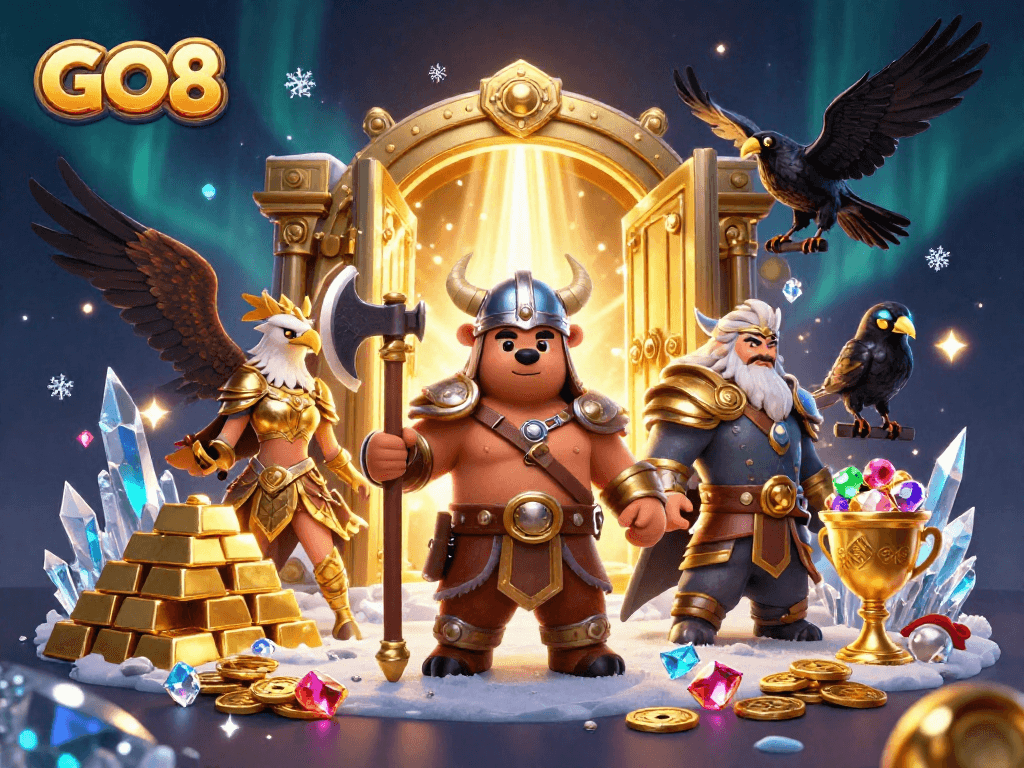 Engage in thrilling gaming at GO8 with a Viking bear and Valkyrie surrounded by treasures.
