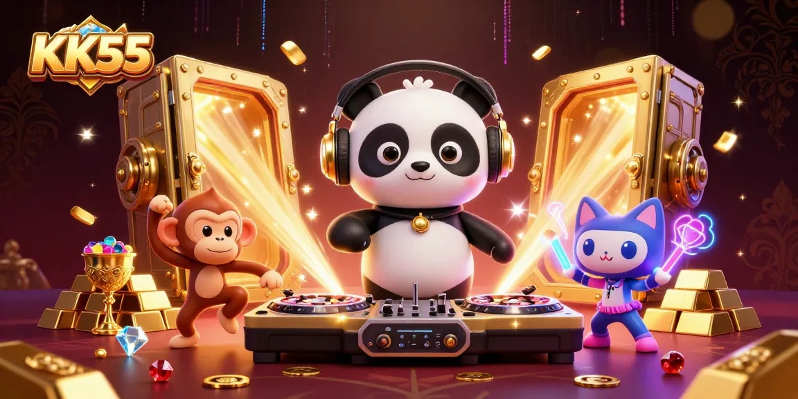 KK55 showcases a vibrant casino world with a DJ panda, breakdancing monkey, and a rave kitten mixing excitement.