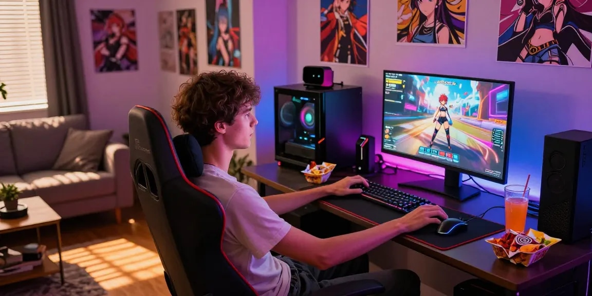 Engaged player enjoying hentai games on a large monitor in a cozy gaming room.