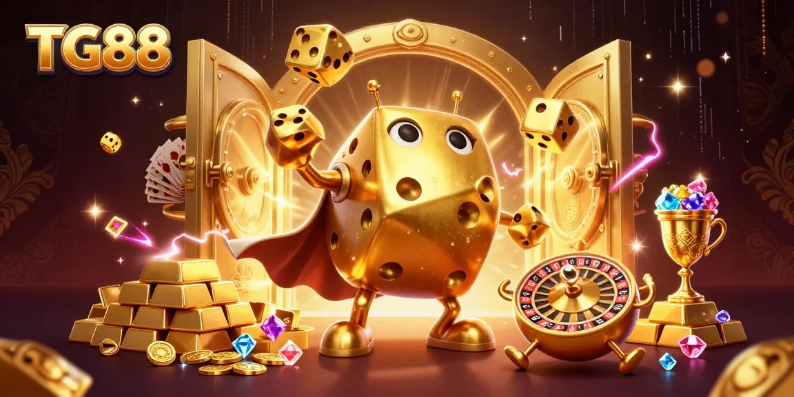 Engage with TG88's dynamic casino world featuring golden dice golems and dazzling treasures.