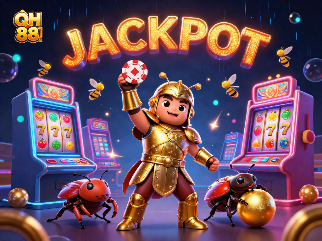 Engage with QH 88's thrilling casino scene featuring a victorious beetle and jackpot celebration.