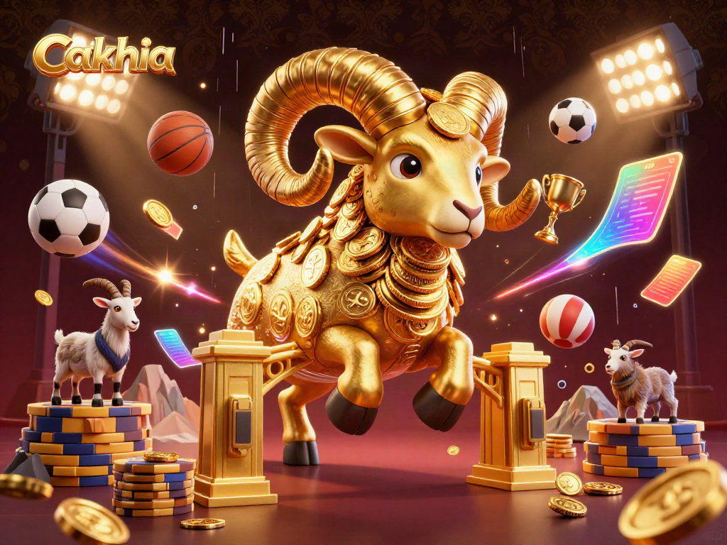 Cakhia offers thrilling sports betting action with dynamic visuals of golden ram and sports elements.