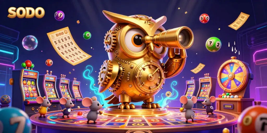 Engage in SODO casino thrills with a lively 3D illustration showcasing a golden owl mascot amidst slots and more.