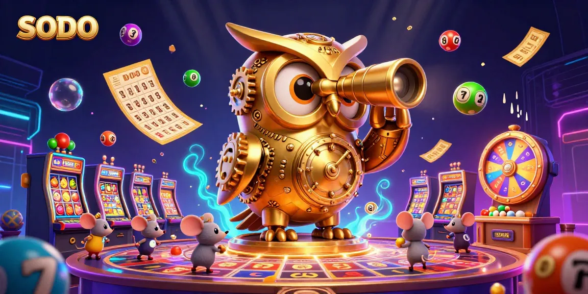 Engage in SODO casino thrills with a lively 3D illustration showcasing a golden owl mascot amidst slots and more.