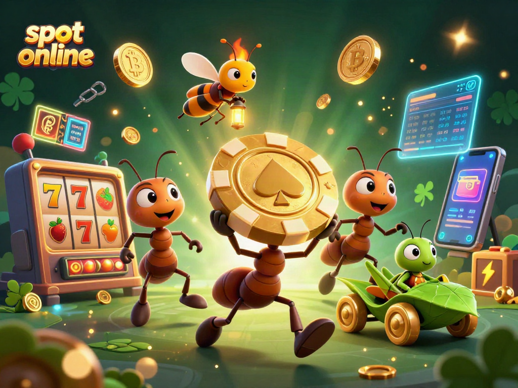 Engaging illustration of ants carrying a golden poker chip, integrating slot online themes with crypto elements.