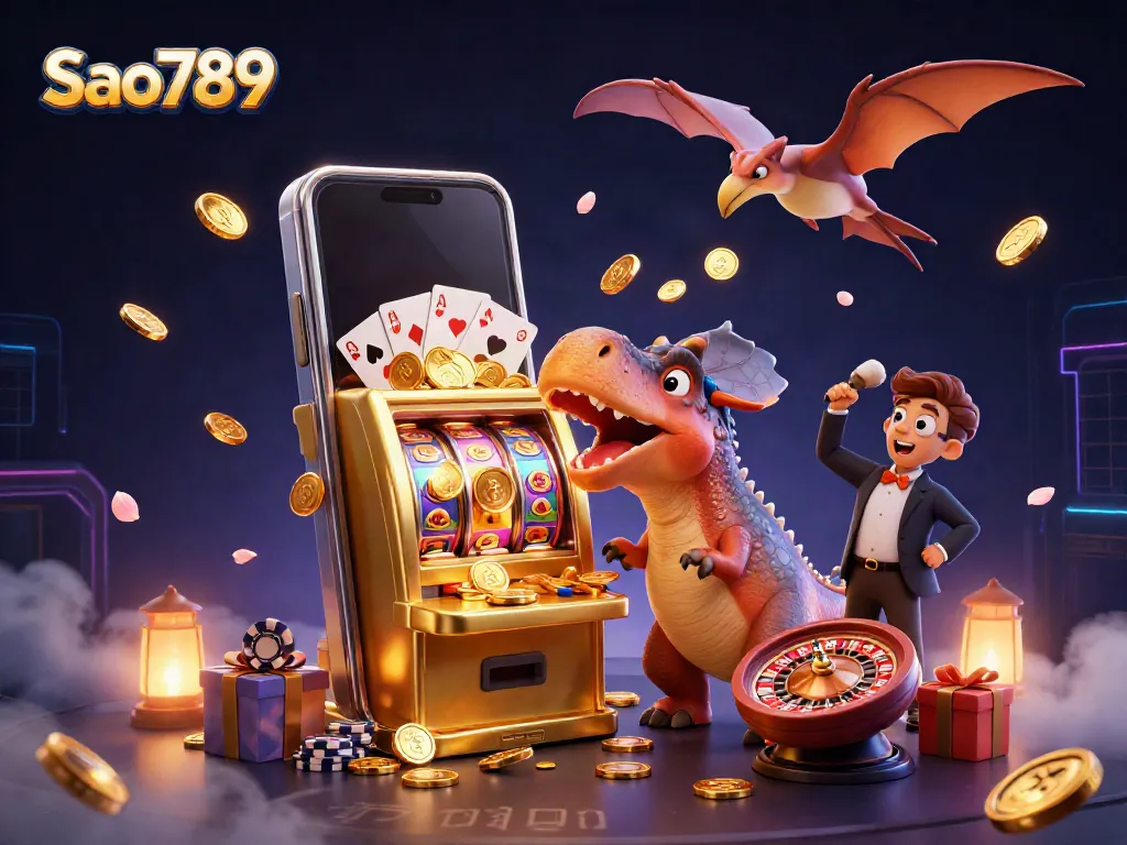 Sao789 jackpot scene featuring cartoon dinosaurs, dynamic slot machine action, and colorful betting elements